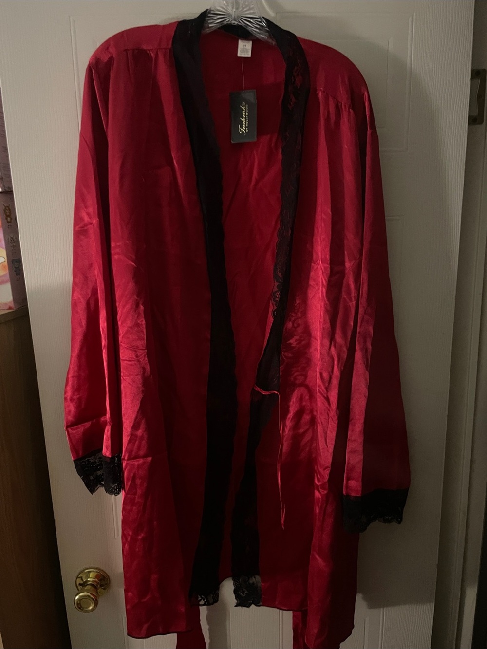 Frederick's of Hollywood Red Satin Robe with Black Lace Trim